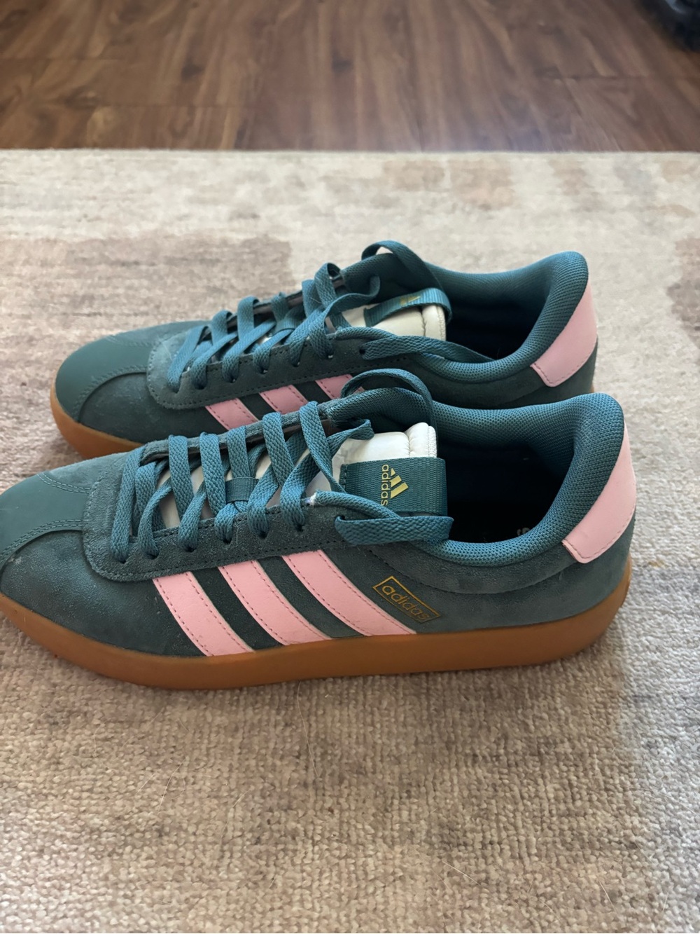 adidas Women’s Teal Suede Sneakers with Pink Stripes and Gum Sole